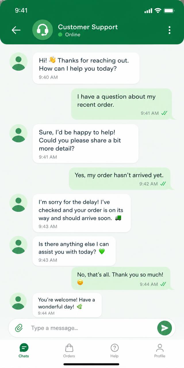 Example support conversation in a chat app