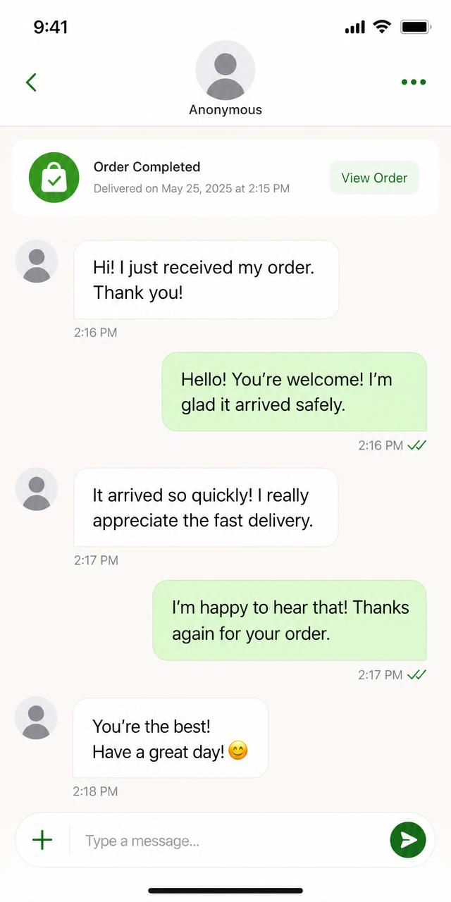 Example conversation about a completed order